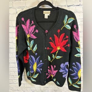 Coldwater Creek Black Floral Tropical Vacation Beach Resort Cardigan Sweater L